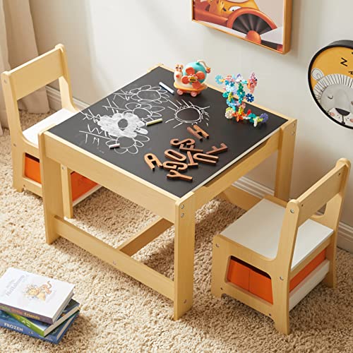 GTOLV Kids Table and Chair Set, 3 in 1 Wooden Activity Table with Storage Drawer for Toddlers Drawing, Reading, Crafts, 2 in 1 Detachable Tabletop Table Set for Nursery, Playroom