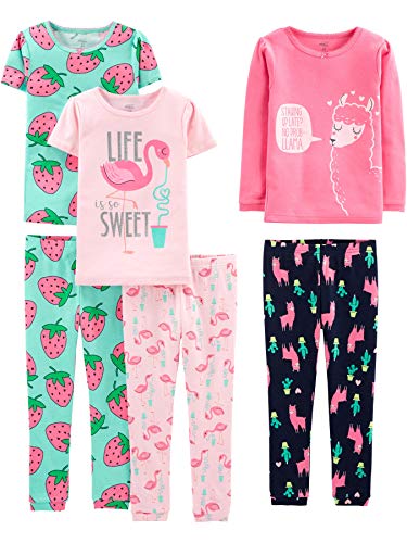 Simple Joys by Carter's Girls' 6-Piece Snug Fit Cotton Pajama Set, Green Strawberries/Pink Flamingo/Rose Llama Print/Navy, 8