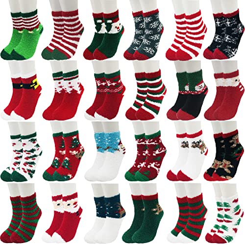 MarJunSep 24 Pairs Christmas Fuzzy Cozy Socks for Women Teen Girls Plush Fluffy Slipper Holiday Sleeping Santa Socks Gifts