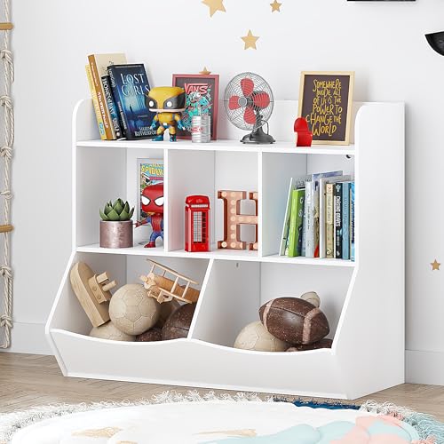 UTEX Toy Storage Organizer with Bookcase, Kid’s Multi Shelf Cubby for Books,Toys, Storage Organizer for Boys,Girls Play Room/Bedroom-White