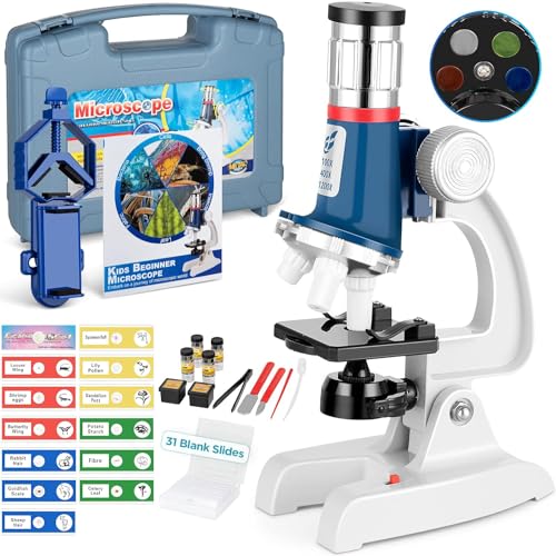 58-Piece Kids Microscope Kit - 100X-1200X Magnification, Metal Body, LED Light, Carrying Box - Science Experiment Toy for Kids Ages 5-12