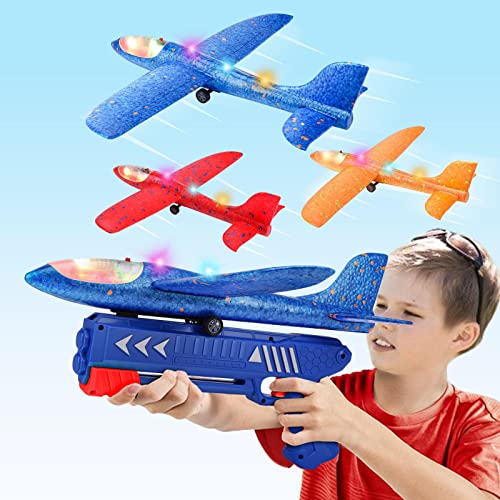 3 Pack Airplane Launcher Toy, 12.6' Foam Glider Led Plane, 2 Flight Mode Catapult Plane for Kids Outdoor Sport Flying Toys Gifts for 3 4 5 6 7 8 9 10 12 Year Old Boys Girls