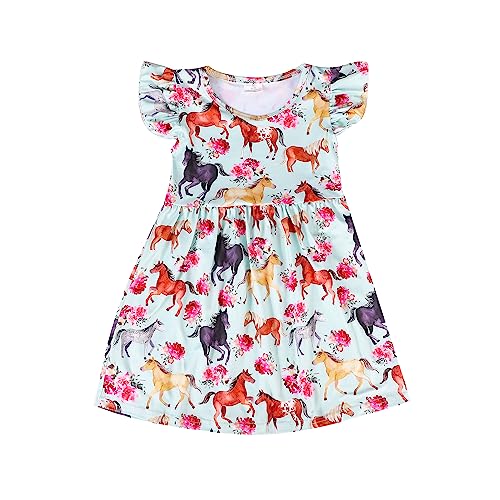 Toddler Girls Horse Printed Dresses Ruffle Bottom Flutter Sleeve Apparel 7-8Y