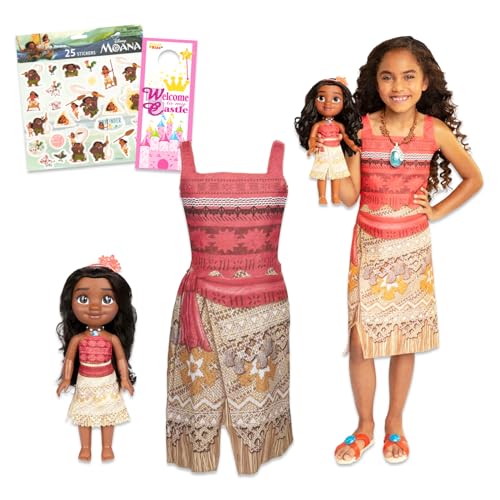 Disney Moana Dress for Girls Bundle ~ Girls 4-6X Moana Dress for Pretend Play Dress Up Plus Matching Moana Doll and Stickers | Moana Dress Up Costume