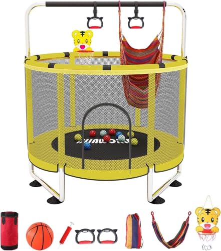 Trampoline for Kids, Adjustable Baby Toddler Trampoline with Basketball Hoop, 440lbs Indoor Outdoor Toddler Trampoline with Enclosure (Light Yellow)