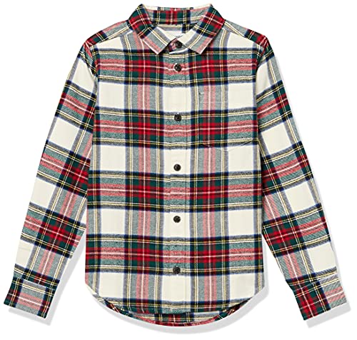 Amazon Essentials Boys' Flannel Button Down Shirt, Green Red Plaid, Medium