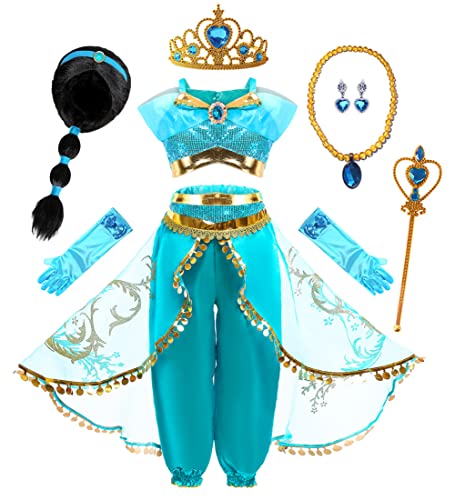 Mecamelon Arabian Princess Fancy Costume for Girls Halloween Dress Up (Wig Blue Set, 5 Years)