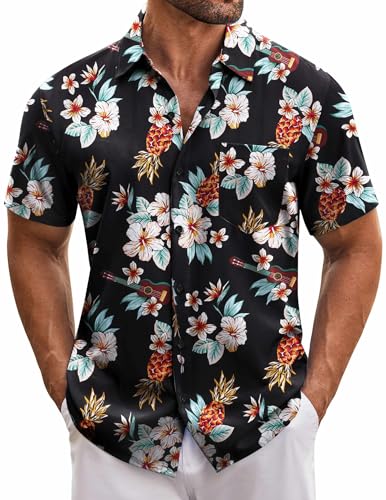 COOFANDY Men's Hawaiian Shirt Short Sleeve Casual Button Down Floral Printed Beach Shirts with Pocket Black