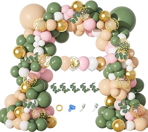 Amandir 166Pcs Sage Green Balloon Garland Arch Kit Olive Green Blush Peach White Gold Balloons Artificial Eucalyptus Stems Jungle Safari Baby Shower Birthday Party Baptism Decorations for Boys Girls