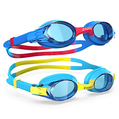 ZABERT 2 Pack Kids Swim Goggles, Blue Yellow & Blue Red, UV Protection, Adjustable, Shatterproof