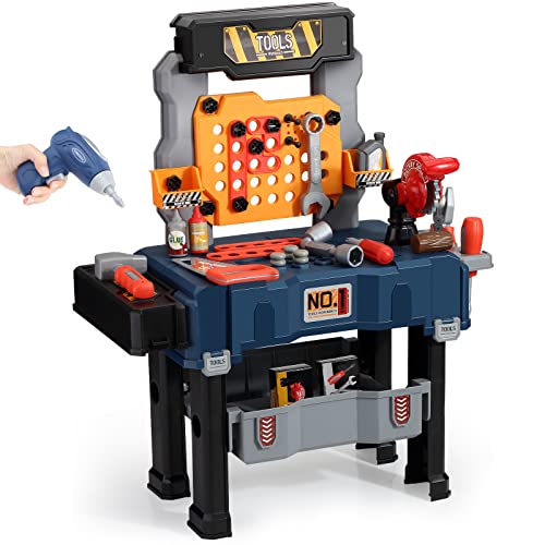 Deejoy Kids Tool Bench, Realistic and Electric Drill, Tool Box & Workbench in One Design, Toddler Bench Toys Learning Gift for Boys & Girls Age 3-5