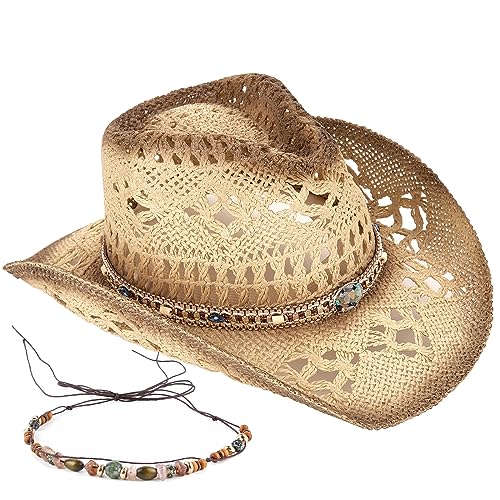 Men's Women's Straw Cowboy Hat Cowgirl Woven Sun Hat Western Cowboy Hat Two Decorative Bands