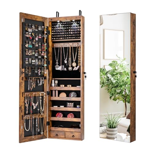 NAFORT 2 LEDs Full Length Mirror with Jewelry Armoire, Jewelry Organizers and Storage with 2 Mounting Options, 47.5”H Jewelry Cabinet with 2 Drawers, Make up & Lockable Jewelry Box, Rustic Brown