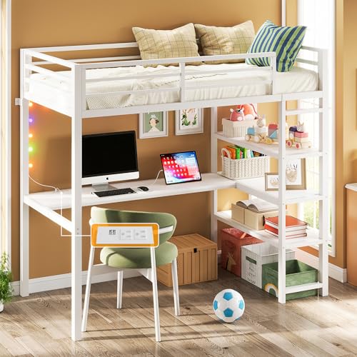 ANCTOR Loft Bed Twin Size with L Shaped Desk and Shelves, Heavy Duty Metal Loft Bed Frame with Power Outlet and LED Lighted, Space-Saving, Noise Free, White