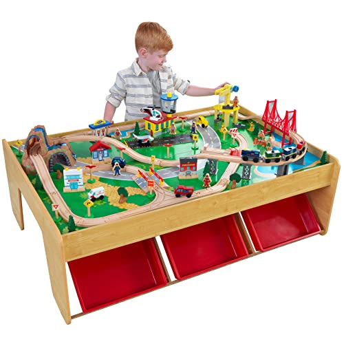 KidKraft 17850 Waterfall Mountain Wooden Train Set & Table with 120 Pieces, 3 Storage Bins