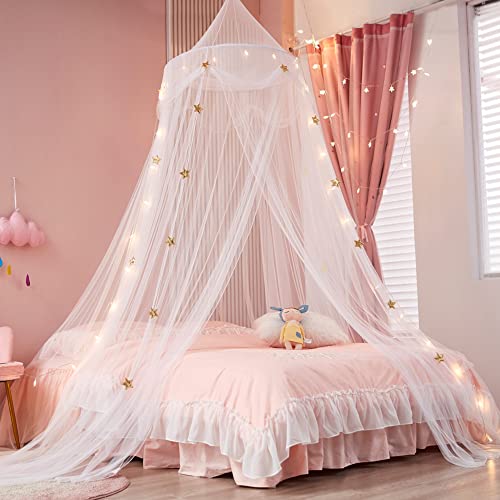 Nattey Bed Canopy with Lights for Girls,Gold Star Princess Crib Canopy Curtains,Extra Large Dome Mosquito Net Reading Nook Canopy for Kids Boys Twin Full Queen Size Bed,Fire Retardant Fabric