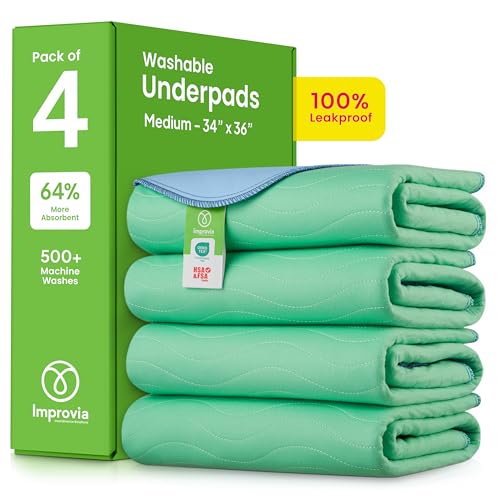 IMPROVIA® Washable Underpads, 34' x 36' (Pack of 4) - Heavy Absorbency Reusable Bedwetting Incontinence Pads for Kids, Adults, Elderly, and Pets - Waterproof Protective Pad for Bed, Couch, Sofa, Floor