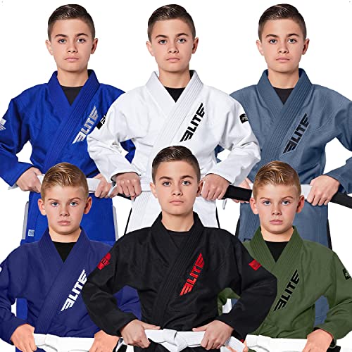 Elite Sports Kids BJJ GI, Youth IBJJF Children’s Brazilian Jiujitsu Gi kimono W/Preshrunk Fabric & Free Belt (Black, 1)