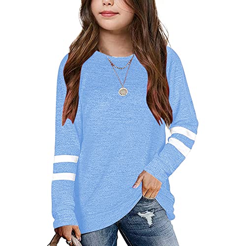 Kids Girls Tunic Tops Crewneck Blouse T-Shirt Soft Striped Long Sleeve Casual Pullover Sweatshirt (Blue, 10-11 Years)