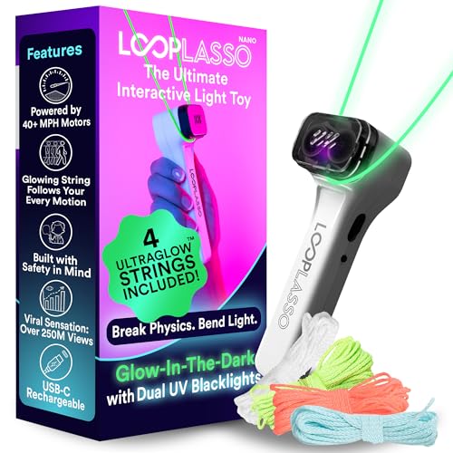 Loop Lasso® NANO - The Original Glow-in-The-Dark String Shooter Toy - Built-in UV Blacklight - Safe Fun Adult & Kids Rope Launcher Gift - Viral Fidget Toy Gadget - Music Festival Rave Dance Accessory