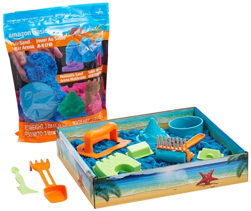 Amazon Basics 11 Piece Moldable Sensory Sand Toy Kit with Castle Molds and Tools, 3lbs Blue Color, for Kids Ages 3 and Up