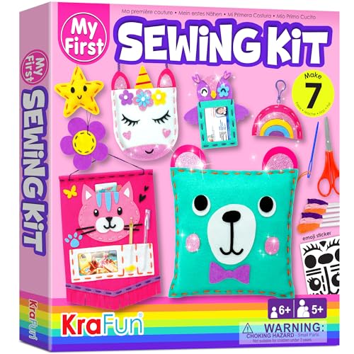 KRAFUN My First Sewing Kit for Beginner Kids Arts & Crafts, 7 Easy DIY Projects of Stuffed Animal Dolls and Plush Pillow Craft, Instructions & Felt, Gift for Girls, Boys, Learn to Sew, Embroidery