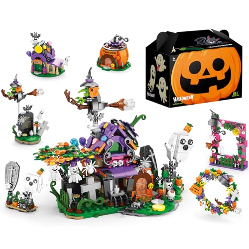 Halloween Party Favors Toys for Kids, Halloween Haunted House 6 in 1 Building Blocks Set Gift 603 PCS,Halloween Toys Mini Cute Bricks 6 Pcs Gift Box Fillers Classroom Prizes for Boys or Girls 6+