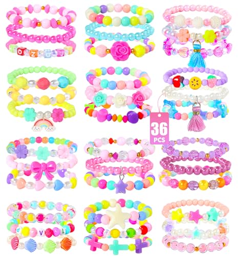 PinkSheep Bracelets for Girls Jewelry: 36 Pcs Bluk Little Girl Bracelets, Cute Kids Bracelets for Girls 2 3 4 5 6 7 Years Old - Princess Bracelets for Teen Girls - Play Jewelry Gift