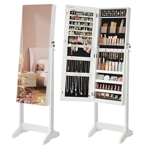 SONGMICS Jewelry Cabinet Armoire, Freestanding Lockable Storage Organizer Unit with 2 Plastic Cosmetic Storage, Christmas Gifts, Full-Length Frameless Mirror, for Necklace Earring, White UJJC002W01