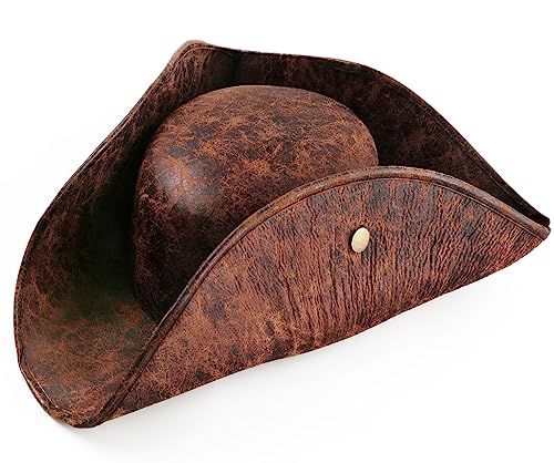 Srnede Pirate Hat For Women & Men Tricorn Hat Brown Faux Leather Vintage Wrinkle Hat Distressed