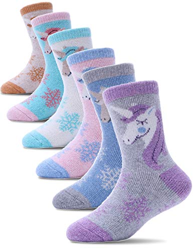 ProEtrade Merino Wool Socks for Kids Toddlers Boys Girls Thick Warm Winter Hiking Heavy Thermal Cozy Crew Boot Unicorn Gift Stocking Stuffers Socks 6 Pack (Unicorn,4-7 Y)