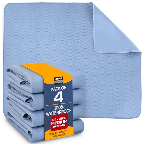 Utopia Bedding Waterproof Incontinence Bed Pads 34 x 36 Inches (Pack of 4, Blue), Washable and Reusable Underpads for Adults, Elderly and Pets, Absorbent Protective Pads