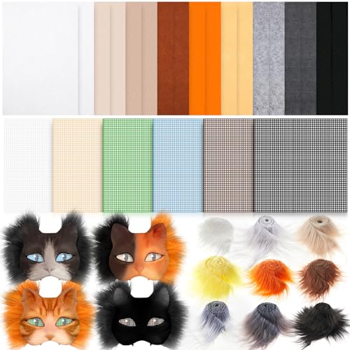 Seenelling 33 Pcs DIY Therian Mask Material Kit Including Felt Fabric Sheet Faux Fur Strips and Plastic Eye Mesh Sheets (No Mask) (Multicolor)