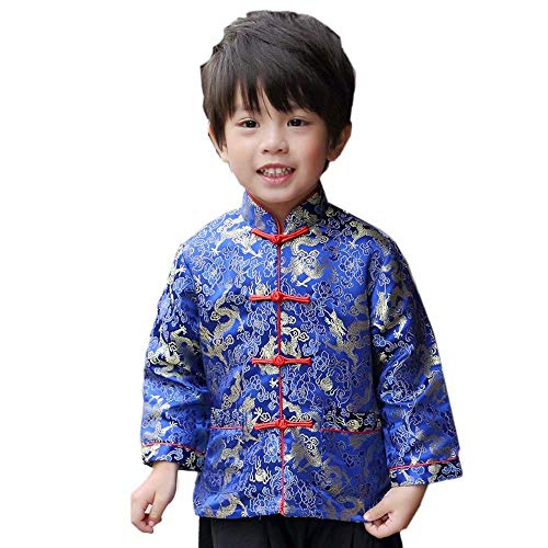 Little Boys Dragon Tang Coat Long Sleeve Chinese Clothing Children Costumes Boy Jackets Outfit Tops (Blue, 10)