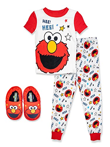 Sesame Street Elmo Toddler,2 Piece Pajama Set,with Matching Toddler Elmo Slippers, 100% Cotton, Red, Size 2T