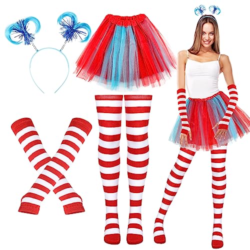 Xtinmee 4 Pcs Tulle Tutu Costume Set 4 Layered Tutu Skirt Striped Long Arm Warmer Gloves Thigh High Socks Ponytails Headband for Women Girls Teen Costume Cosplay Party Supplies, S