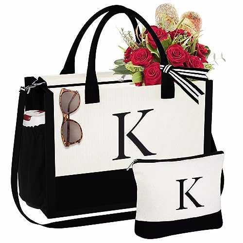 YOOLIFE Tote Bag for Women - Initial Bags for Women, Canvas Tote Bag, Beach Bag for Women, Travel Tote Bags, Tote Bag with Zipper Pockets, Monogrammed Bag, Tote Bag with Adjustable Strap, Letter K