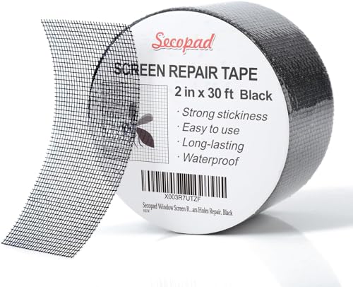 Secopad Black Window Screen Repair Tape, 2 in X 30 FT (360IN) Screen Repair Kit for Windows or Doors, Strong Adhesive Screen Patch Fiberglass Screen Tape Mesh Repair