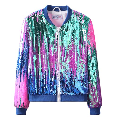 WELAKEN Ombre Sequin Bomber Jacket for Girls II Kid & Toddler Lightweight Sparkle Long Sleeve Zipper Gradient Jackets with Pockets