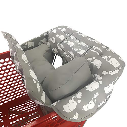 Soft Pillow Attached 2-in-1 Shopping Cart and High Chair Cover for Baby, Cotton Padded Cart Cover, Fold'n Roll Style, Portable with Carry Bag (Gray Elephant)