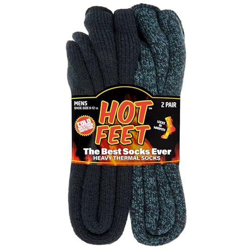 HOT FEET Thermal Socks for Men, Extreme Cold Weather, 2/4 Pack Thick Warm Socks for Men, Winter Insulated Socks, Size 6-12.5, 2 Pack, Solid Denim Heather/Dark Navy