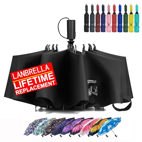 LANBRELLA Compact Reverse Folding Umbrella Auto Windproof Travel Umbrella-Black