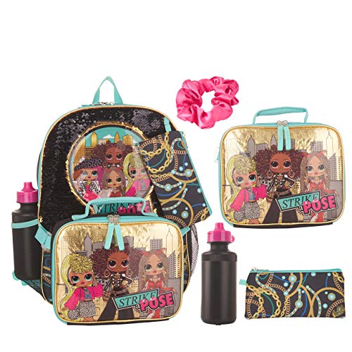 L.O.L. Surprise 5 Piece Backpack Set for Girls, O.M.G. Brush Glitter Sequin 16' School Bag, Black and Gold