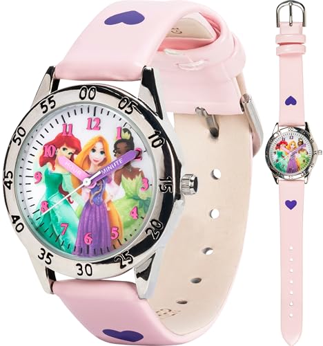 Disney Princess Time Teacher Kids Watch - Easy Read Analog Watch with Minute Track, Princess Characters on Silver Sunray Dial, Colorful Printed Strap, Perfect for Learning to Tell Time, Ages 3+