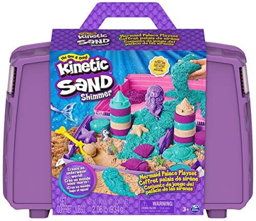 Kinetic Sand, Mermaid Palace Playset, Over 2lbs of Shimmer Play Sand (Neon Purple, Shimmer Teal, and Beach Sand), Reusable Folding Sandbox and Tools, Sensory Toys for Kids Ages 3 and up