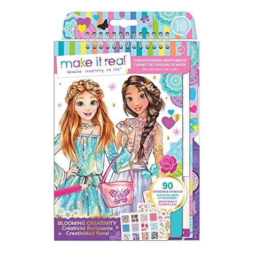 Make It Real Fashion Design Sketchbook Kit for Girls - Blooming Creativity Set with Stencils, Puffy Stickers, Design Guide - Unleash Fashion Talent, Develop Skills, for Kids Ages 6