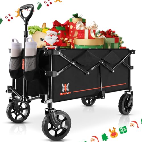 Navatiee Collapsible Folding Wagon, Wagon Cart Heavy Duty Foldable with Two Drink Holders, Utility Grocery Wagon for Camping Shopping Sports, S2, Black