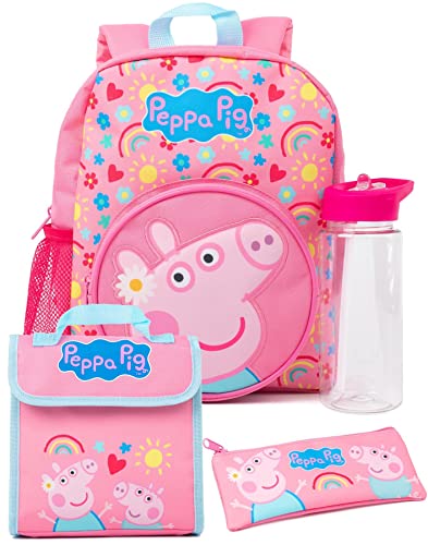 Peppa Pig Girls 4 Piece Backpack Set | Kids Pink Rucksack Bundle with School Bag, Pencil Case, Lunch Bag & Water Bottle