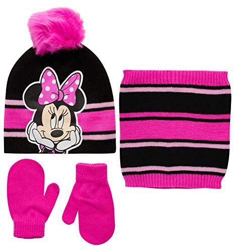 Disney Girls' Minnie Mouse or Frozen Winter Hat, Mittens or Gloves, and Gaiter Three Piece Set (2-7), Size Age 2-4, Minnie Mouse Black/Pink, Mitten