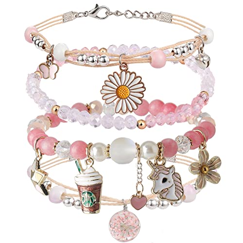 DS Beaded Charm Bracelets for Teen Girls Cute Cartoon 4 PCS Crystal Beads Pearl anime Bracelets for woman girls Adjustable Stretch bracelet anklets birthday Gift For daughter Friends-Pink Pony